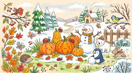 Naklejka premium Cute animals and smiling pumpkins gather in a snowy landscape with autumn leaves and a cozy house