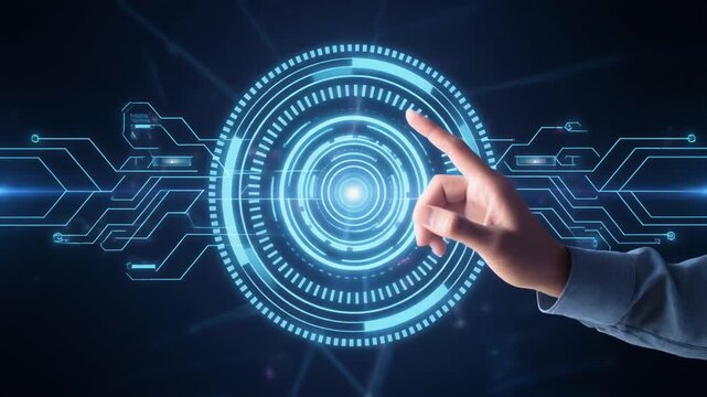 "Hand interacting with glowing holographic interface, symbolizing innovation, human‑computer interaction, and advanced digital technology."