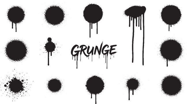 Black spray paint grunge elements including circles splatters and drips on white