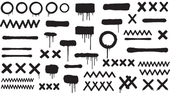 Collection of spray paint brush strokes and splatters forming abstract shapes and patterns