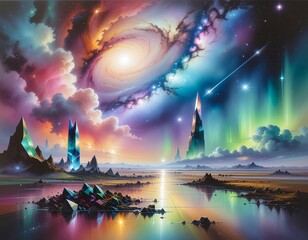 Obraz premium Vibrant Cosmic Landscape with Aurora and Galaxy.