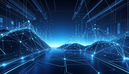 Obraz premium Digital AI Data Corridor with Glowing Neural Network Connections and Futuristic Blue Tunnel Perspective