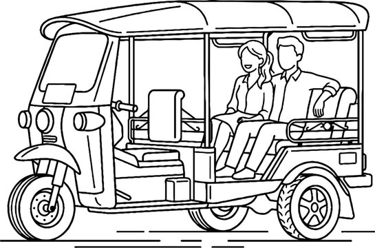 Couple riding in a traditional auto rickshaw vehicle.