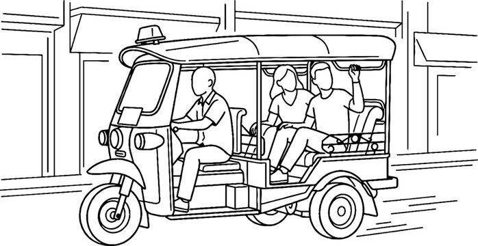 Traditional Auto Rickshaw with Passengers on City Street.