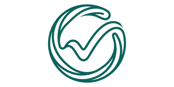 Teal swirly checkmark logo on white background