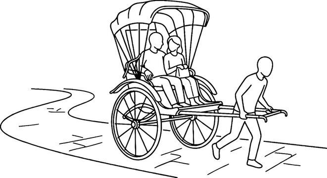 Traditional rickshaw pulled by a man on a curved road.