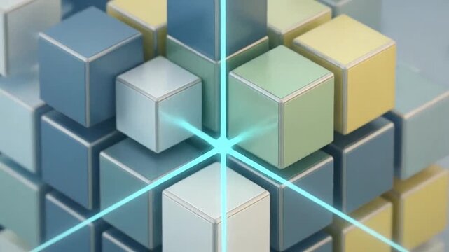 Abstract geometric structure composed of floating colorful cubes