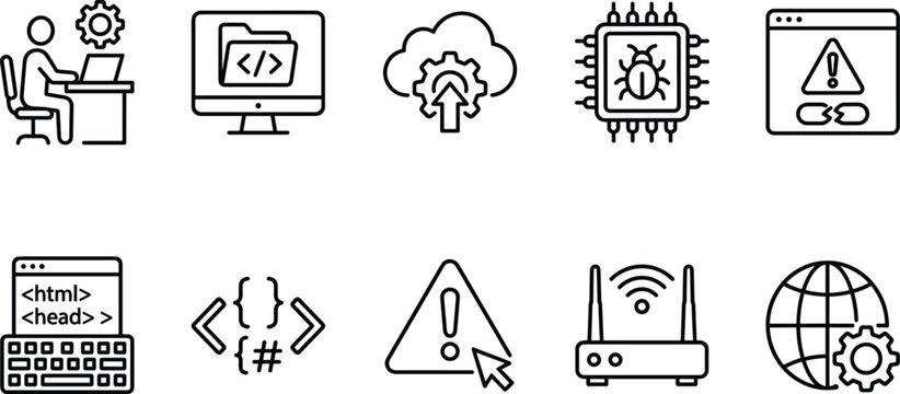 Collection of modern technology and programming icons on transparent background computer coding cloud service.