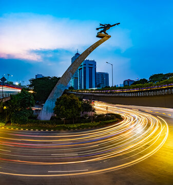 Long exposure (light trails) photo in Pancoran, South Jakarta, Indonesia; at an evening (blue hour).