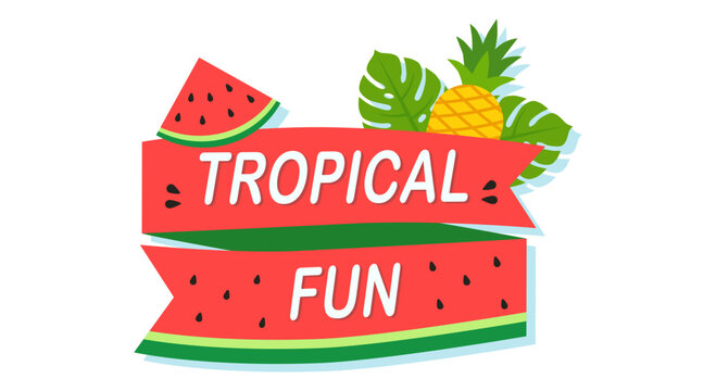 Tropical fun watermelon themed ribbon banner with pineapple and exotic leaves for summer merchandise printing