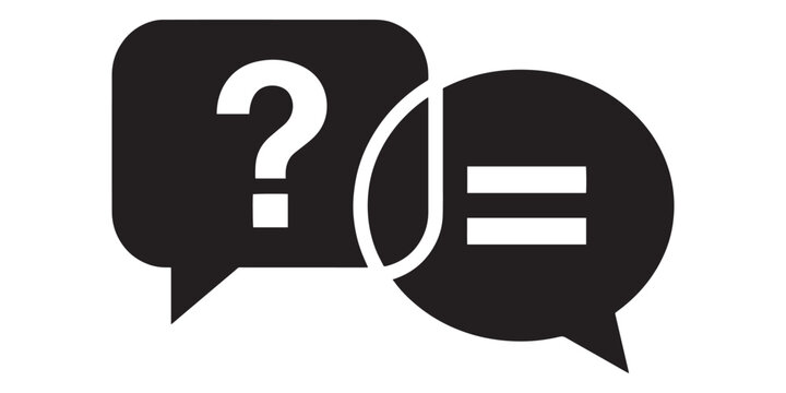 Black speech bubbles with question mark and equals sign on white background