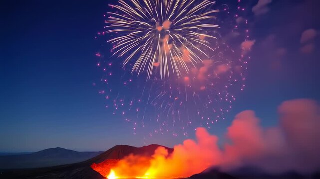 Fireworks exploding over volcanic eruption.