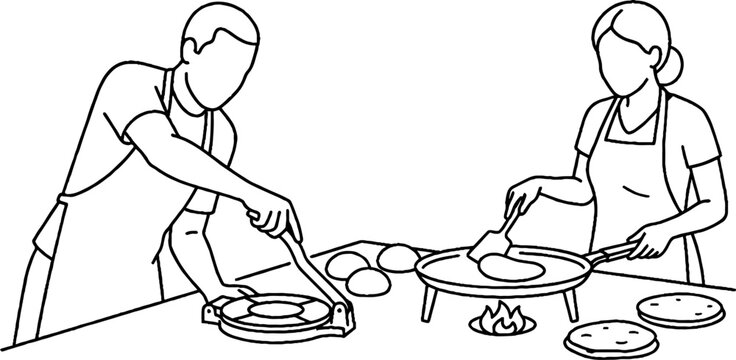 Chefs cooking pancakes on a griddle together.