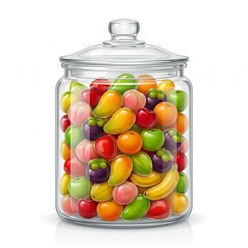 Luk Chup Thai Fruit Shaped Sweets in Transparent Glass Jar Realistic Vector Illustration