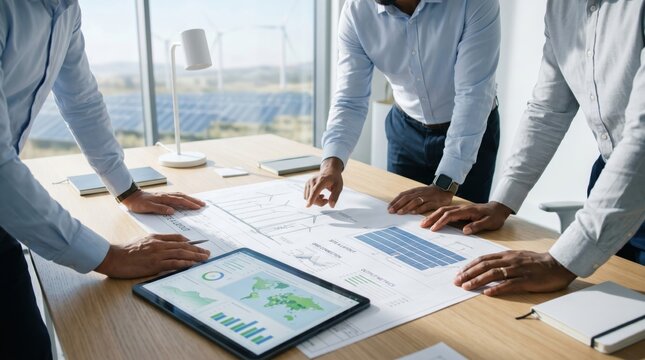 Business team analyzing renewable energy blueprints and data charts in modern office, sustainable development strategy meeting with solar panels visible through window background