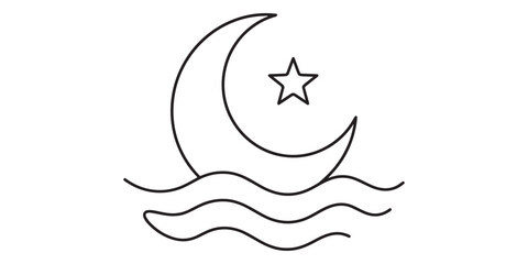 Obraz premium Black line drawing of crescent moon and star over wavy water on white