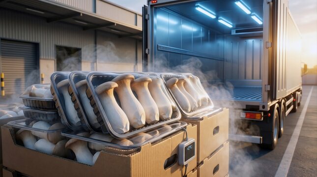 Smart cold chain logistics background. Close-up of packaged organic king oyster mushrooms in cardboard boxes by a refrigerated truck