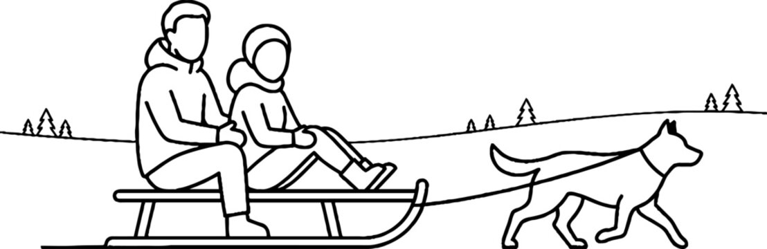 Family sledding with dog in snowy landscape.