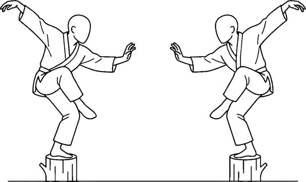Two martial artists performing high kicks on wooden stumps.