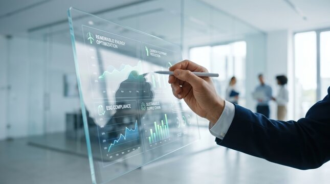 Businessman using futuristic holographic interface for ESG compliance, renewable energy optimization and sustainable supply chain management analysis in modern office.