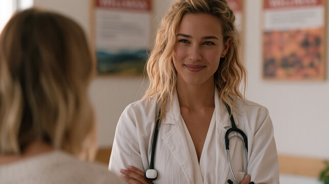 Women's health nurse practitioner demonstrating femtech women health device to a patient during a preventive care appointment in a warm clinic room adorned with autumn wellness