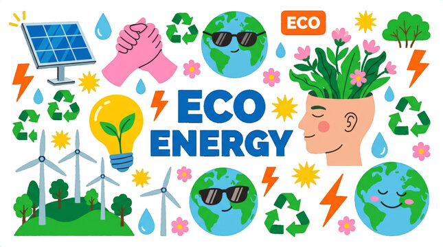 Eco energy vector illustration set with renewable power concepts on transparent Background. Sustainable green energy and ecology flat design banners design elements. Clean energy icons.