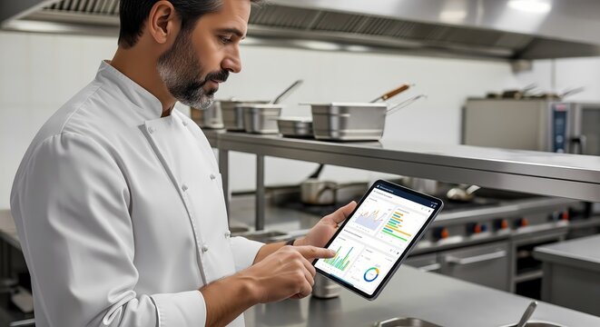 Male professional chef using a digital tablet with business graphs and analytics in a modern commercial restaurant kitchen