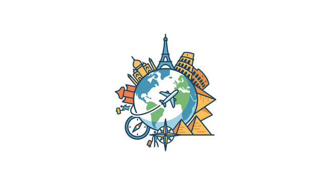 World Travel and Tourism Concept with Globe and Famous Landmarks
