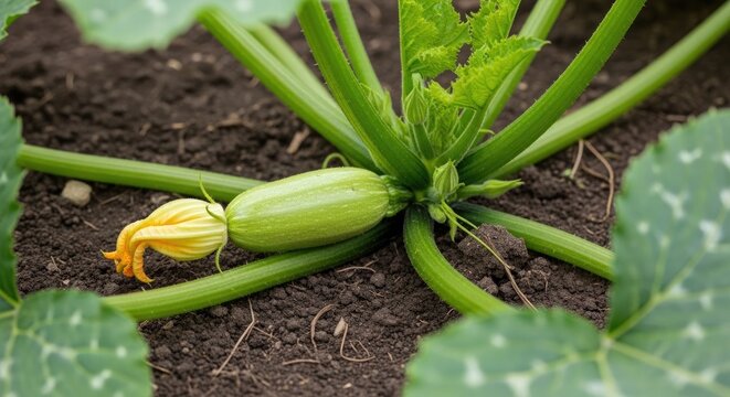A young green zucchini squash growing on a plant in a vegetable garden featuring a vibrant yellow blossom attached to the fruit in natural soil bed