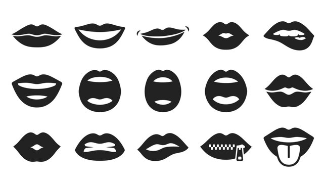 Black silhouette lip icons showcasing diverse expressions and poses on a clean white background, Symbolizing various emotional expressions and providing versatile graphic design elements