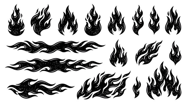 Various black stylized flame and fire graphics with grunge texture on white, including individual shapes and decorative borders, Symbolizing speed and power for edgy branding or custom design projects
