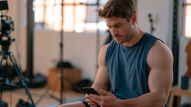 Social media fitness influencer reviewing phone footage immediately after a failed lift attempt in a candid gym setting, frustration visible in body language, camera and lights
