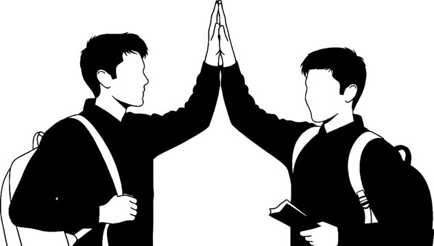 Two students celebrating success with high five gesture.