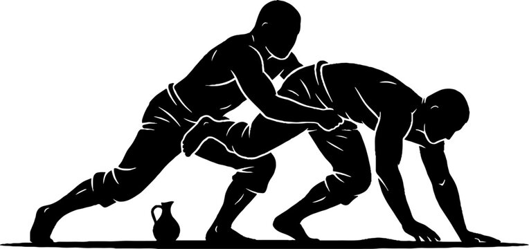 Two wrestlers in intense grappling match illustration.