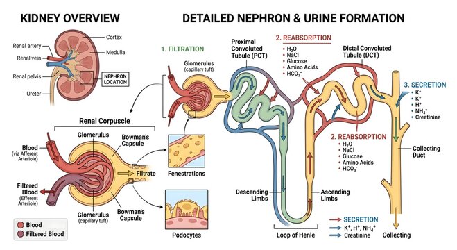 Human Kidney Anatomy and Nephron Function Diagram Showing Urine Formation Steps with Filtration Reabsorption and Secretion Processes Including Glomerulus Bowman's Capsule and Loop of Henle