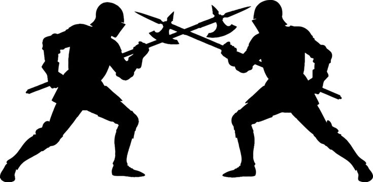 Silhouette of two ninjas fighting with swords.