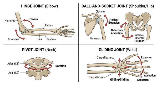 Types of Synovial Joints Diagram Showing Hinge Joint, Ball-and-Socket Joint, Pivot Joint, and Gliding Joint with Human Bone Anatomy and Motion Direction