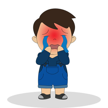 Sad cartoon boy character crying out loud with a red flushed face and streaming tears, wearing a dark blue hoodie and blue overalls, full body illustration.