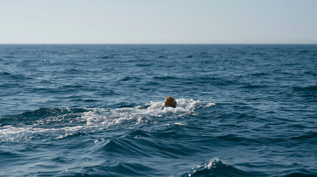 Open water marathon swimmer reaching a feed station buoy after twenty kilometers, crewmember extending a bottle on a pole while the swimmer treads without stopping, horizon empty