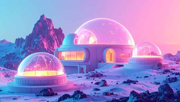 A futuristic pink and purple domed habitat on a barren snowy landscape