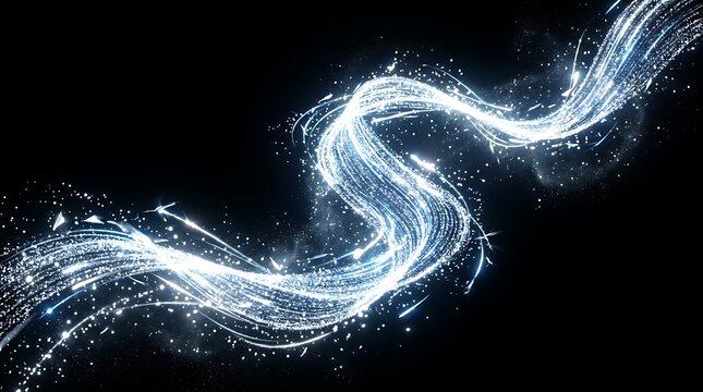 Glowing blue light trail flowing with magical particles across a deep black background creating a dynamic sense of motion and energy within this abstract digital composition