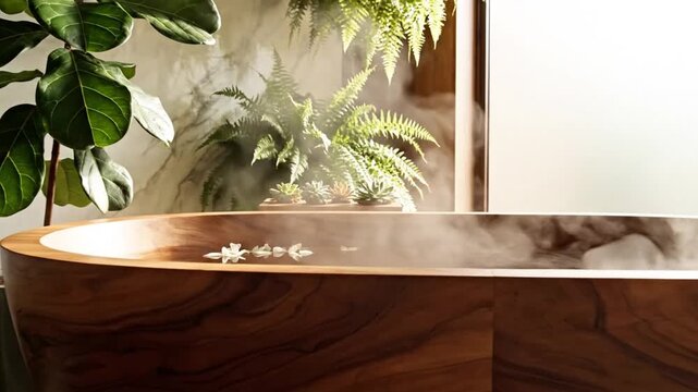Modern wooden bathtub in minimalist bathroom with plants.