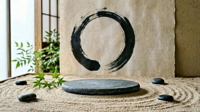 Zen Garden With Rake Pattern Flat Stone and Bamboo Plant