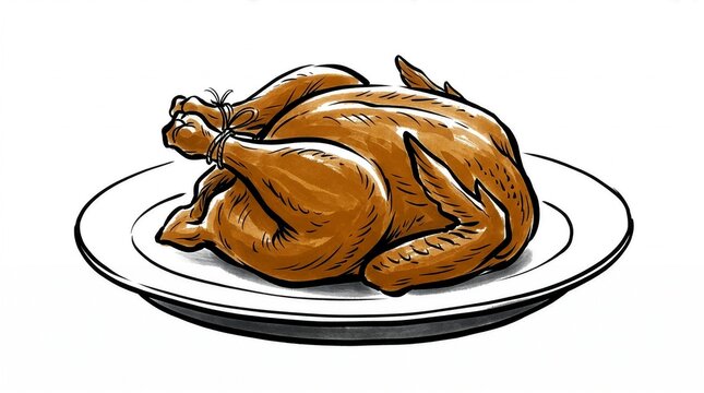 Sketch illustration of a whole roasted chicken on a plate