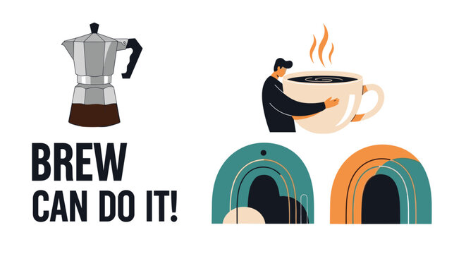 Creative coffee themed illustration showing a person hugging a giant cup of hot brew alongside a moka pot and abstract arched shapes.