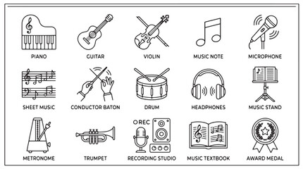 Music icons, vector set of 16 music symbols, instruments and equipment, black and white illustrations, musical notation, audio gear © Rosie