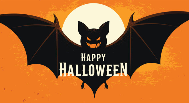 Spooky black bat silhouette with glowing eyes and sharp teeth flying in front of a full moon for happy halloween celebration greeting.