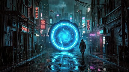 Custom blinds with your photo A Lone Figure Walks Towards a Glowing Portal in a Neon Lit Asian City at Night