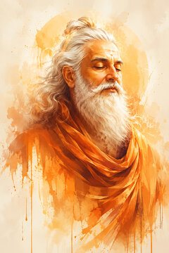 Guru purnima hindu religious festival watercolor portrait of serene sage with white beard, saffron robe, spiritual meditation, devotion, peaceful wisdom