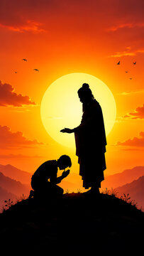Guru purnima hindu religious festival silhouette of disciple bowing before guru at sunset, spiritual respect, devotion, blessing, mountain landscape scene